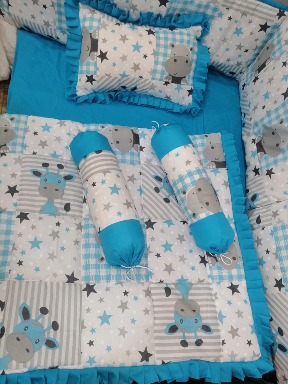 Blue And Grey Rhino Baby Cot Set