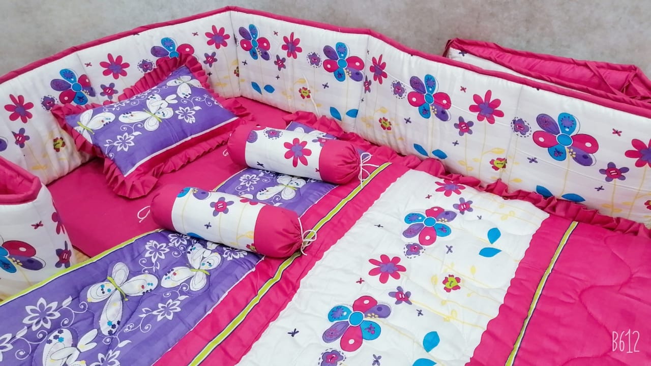 Pink Flowery Printed Baby Cot Set